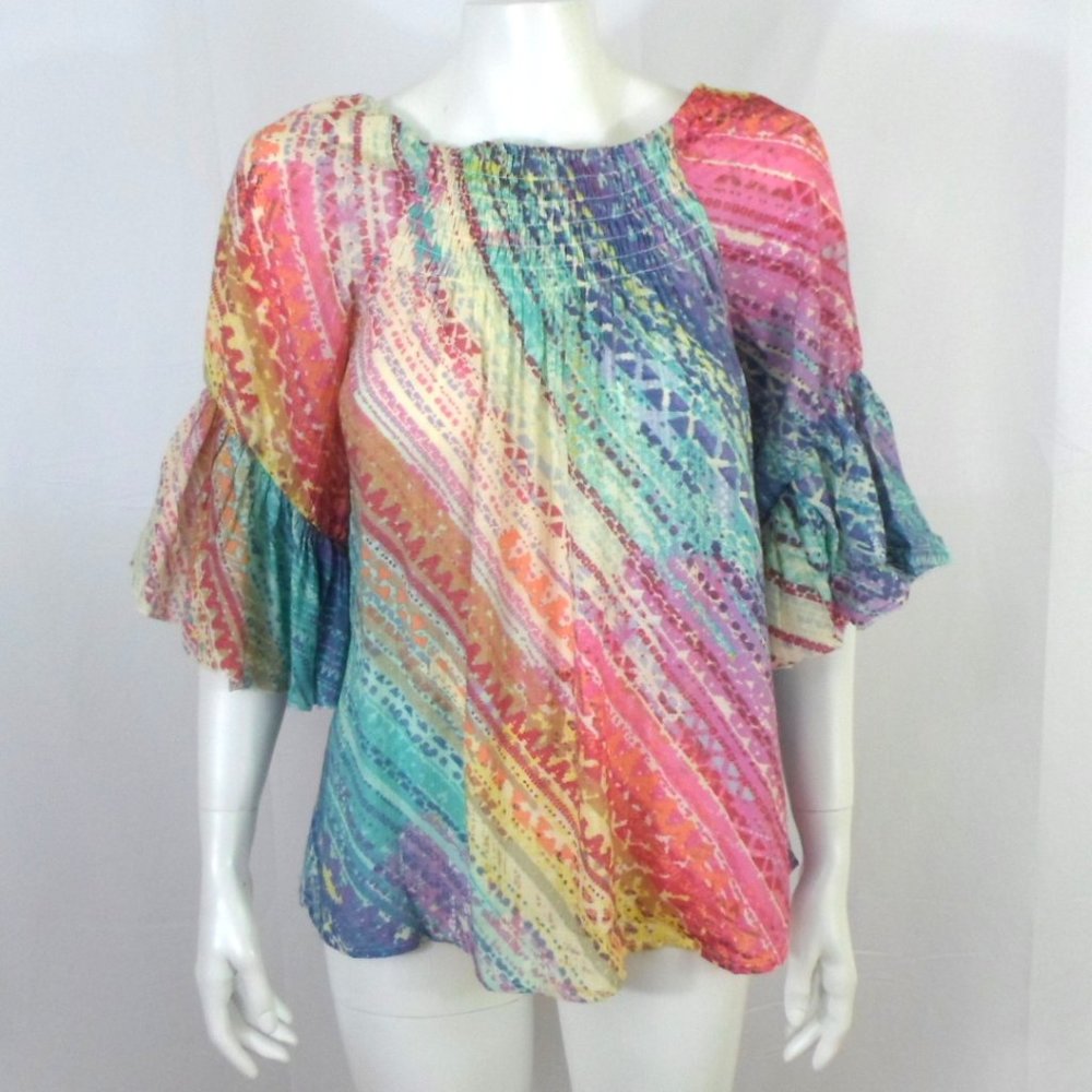 Spense Rainbow Print 3/4 Bell Sleeve Peasant Blouse